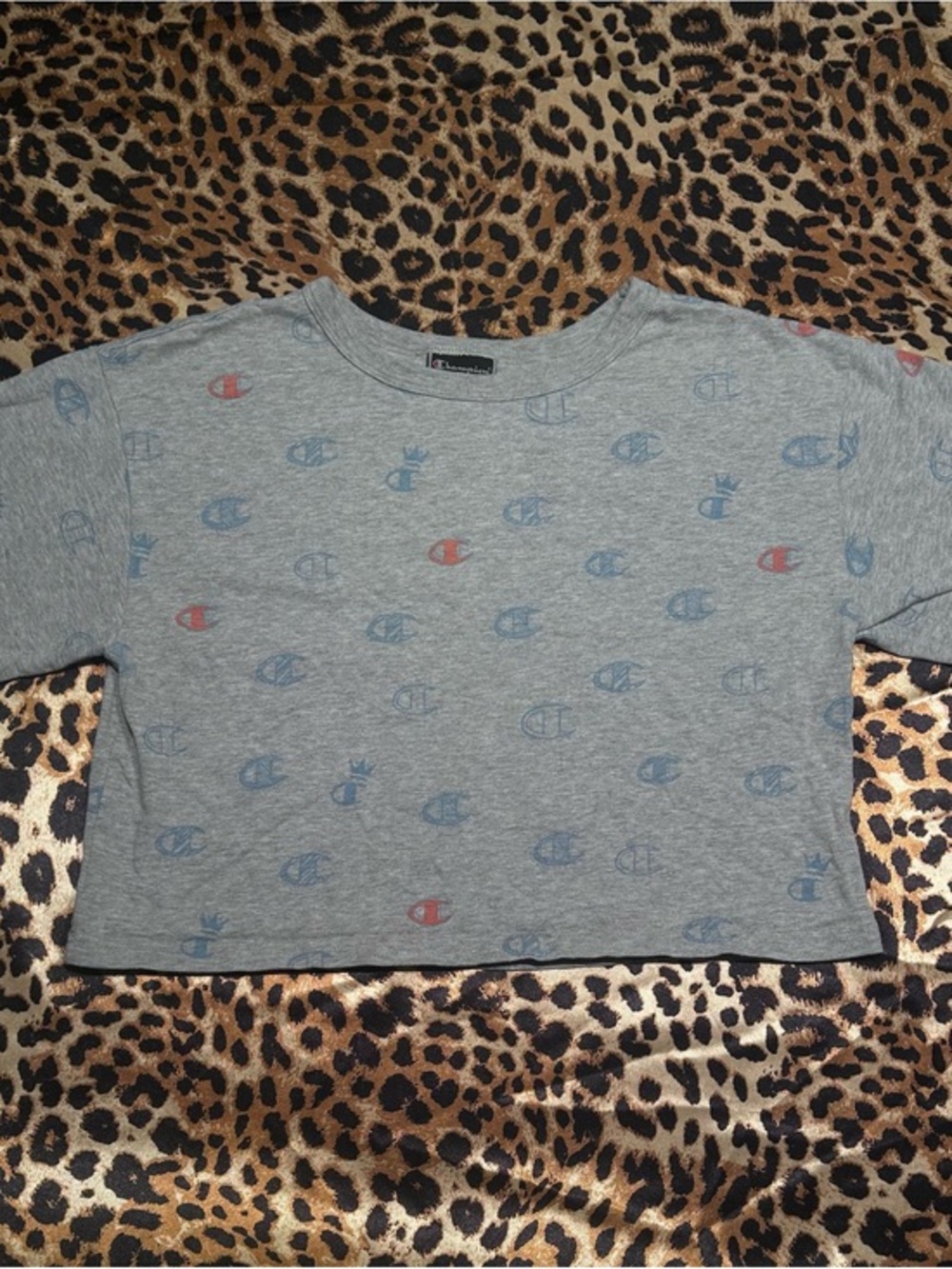 Champion Grey All Over Print Logo Boxy Crop Top